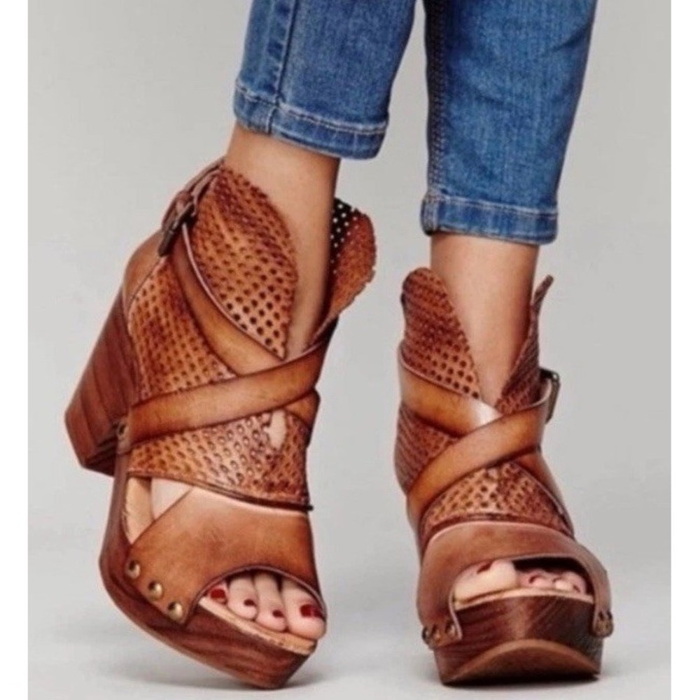 Free People Rendering Clogs Wood Heel Sandals Leather Mesh Peep Toe Bootie 10 41